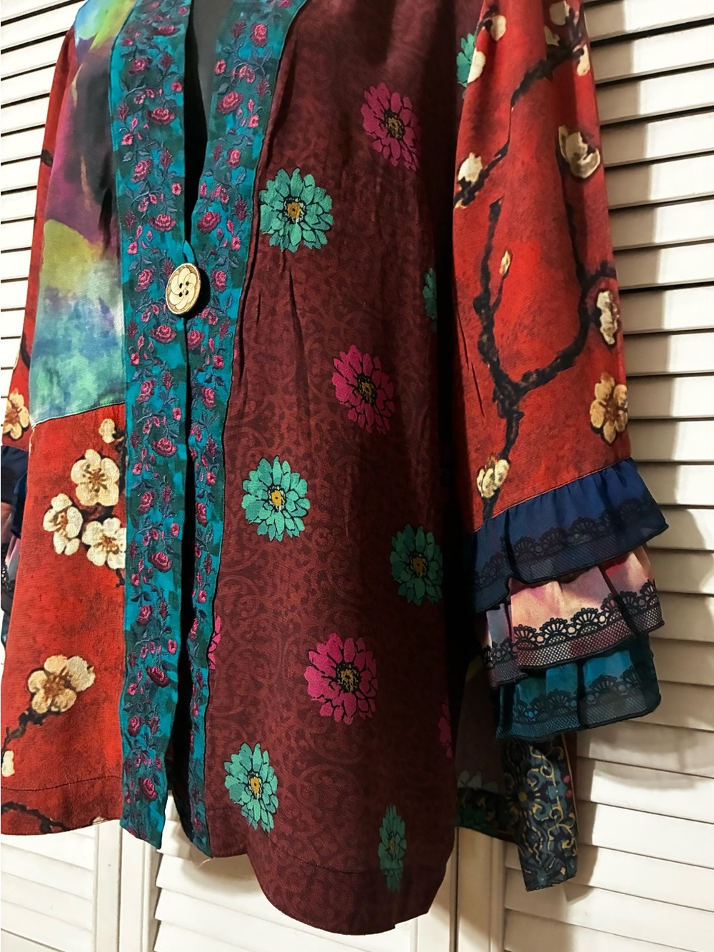 John Mark Multicolor Floral Patchwork Tunic - Teal, Red, Turquoise - Picture 3 of 7